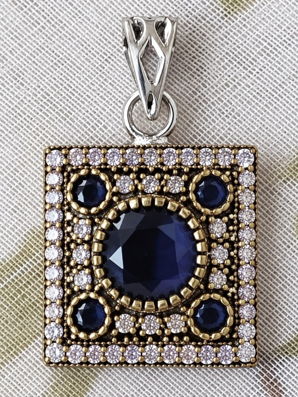 Sapphire Blue Clear Rhinestone Gold Silver Tone Turkish Jewelry Pendant NWOT